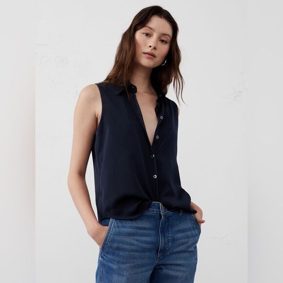 Banana Republic Preppy Navy Silky Collared Sleeveless Tank - Picture 1 of 10